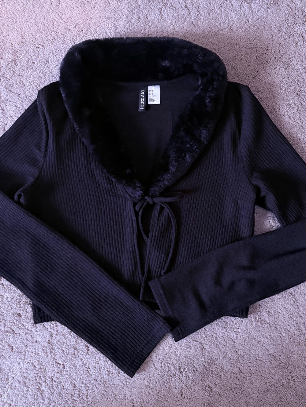 Divided Black Ribbed Tie-Front Sweater with Faux-Fur Collar